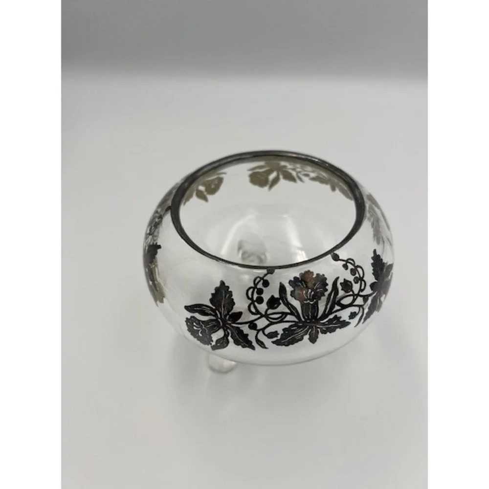 Viking Glass Vintage 3 Footed Rose Bowl Flower Frog Silver Overlay Floral Clear
